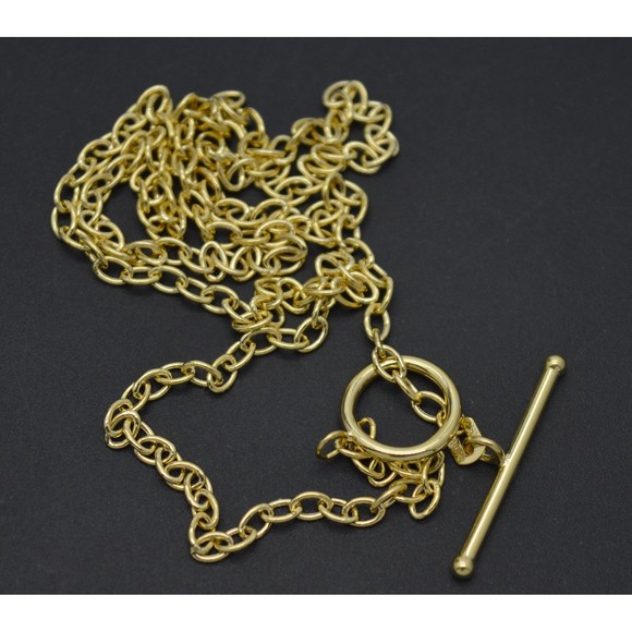 Real 14K Solid Yellow Gold 18" Round Ring Charm Cable Toggle Chain Necklace - Picture 1 of 5